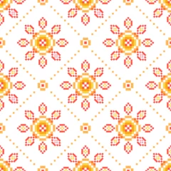 Flower Cross Stitch embroidery seamless.Geometric pixel ethnic patterns. American, Mexican,African, mediterranean,nordic,Aztec style.Tradition folk art background design for products,fabric,decorate