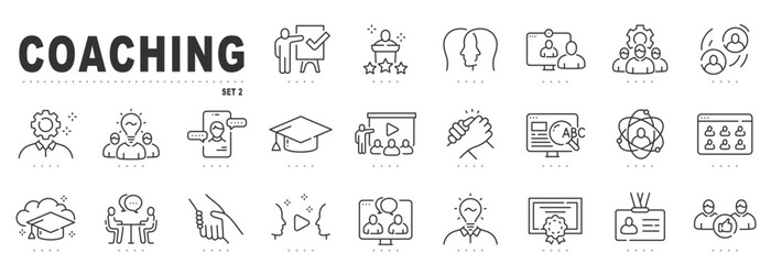 Set of coaching related line icons. Training, mentoring, leadership, workshop etc. Editable stroke.