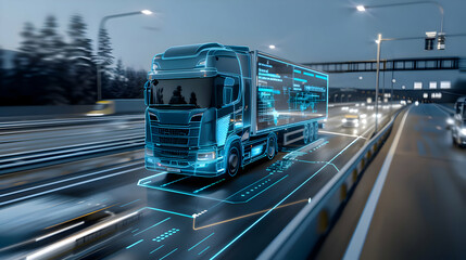 cool blue/gray truck on evening highway - trucking, road freight, delivery, info-graphics - transport logistics network technology