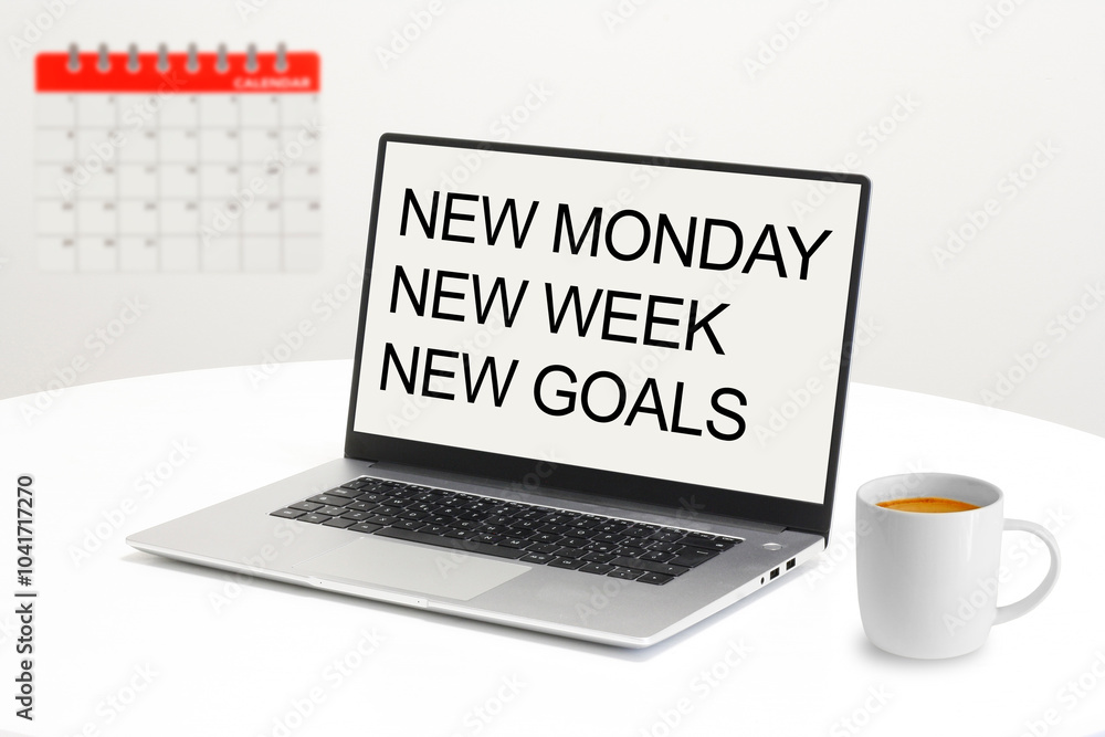 Poster new monday new week new goals is shown using the text on laptop