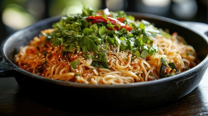 Delicious Noodles Topped with Fresh Green Herbs