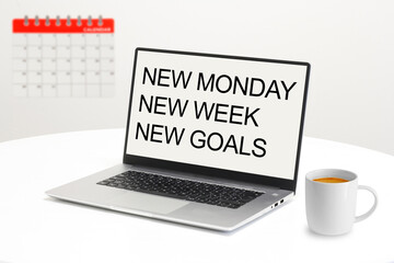 New Monday New Week New Goals is shown using the text on laptop