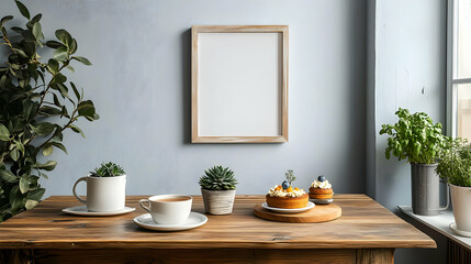 Wooden Table Decor with Plants, Cup of Tea and Cakes