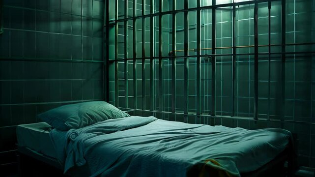 A dimly lit prison cell features a solitary bed with neatly arranged blankets, stark metallic bars, and cold green-tinted walls, conveying isolation and restraint.