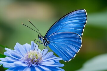 Obraz premium Majestic Blue Butterfly Gracefully Settled on Silky Blue Blossom with Delicate Proboscis and Feathery Antennae in Cinematic Botanical Garden