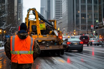Tow truck operator securing vehicle on busy city street in winter