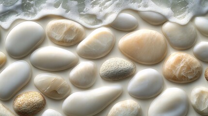Textured wall design featuring smooth rounded pebbles in varying shades of sandy beige and light brown creating a seamless soothing pattern that evokes beachside charm
