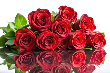 Beautiful reflected bouquet of red roses on white background