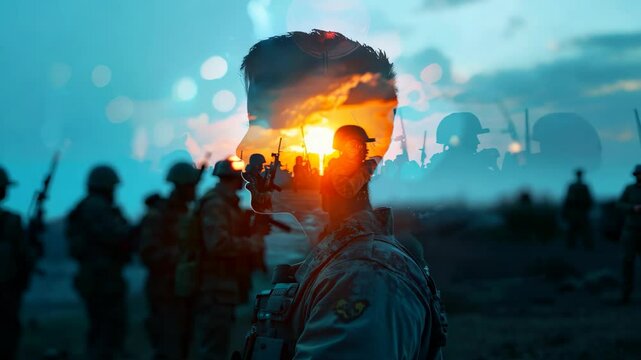 A powerful double exposure image blends a soldier's silhouette with a vivid sunset. contrasting colors and ghostly figures evoke themes of sacrifice, unity, and resilience.