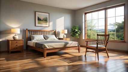 Fototapeta premium Bedroom furnished with a wooden bed and chair on hardwood flooring Silhouette