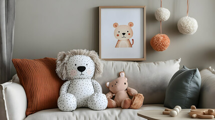Cute Stuffed Animals on a Couch with a Wooden Bear Toy