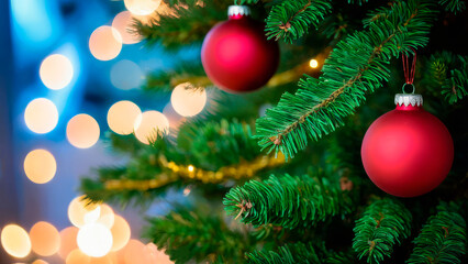 Banner with Christmas and New Year holidays with red balls on the Christmas tree. Bokeh lights	