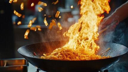 Vibrant Flames from Stir-Fried Noodles in Wok