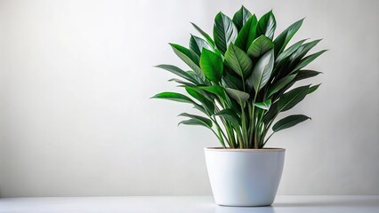 Fototapeta premium Big potted plant with long dark green leaves in a white pot isolated extreme close-up
