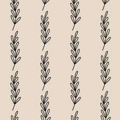 Obraz premium Minimalistic botanical seamless pattern. Vector hand-drawn illustration in doodle style. Perfect for decorations, wallpaper, wrapping paper, fabric. Floral background.