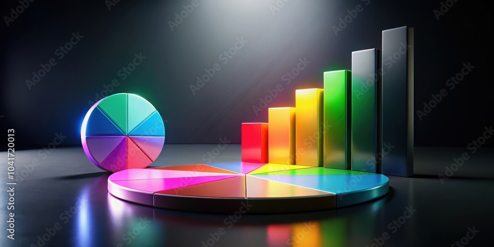 Aufkleber A Colorful and Vivid Representation of Data with a Pie Chart and Bar Graph on a Black Background
