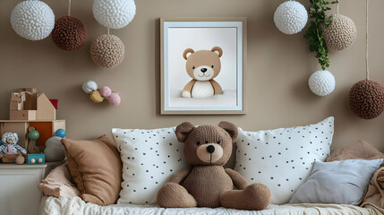 Cozy Nursery Decor with Stuffed Bear and Pillows