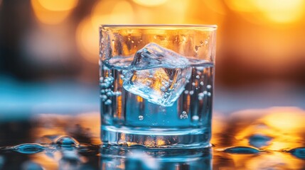 Refreshing Glass of Water with Ice Cube