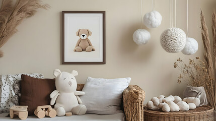 Cozy Living Room Decor with Plush Toys & Wicker Furniture