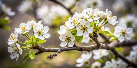 Fototapeta premium Black and white aerial shot of white pear tree flowers on a branch