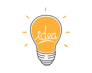 Cartoon vector doodle drawing of a lightbulb with the word 