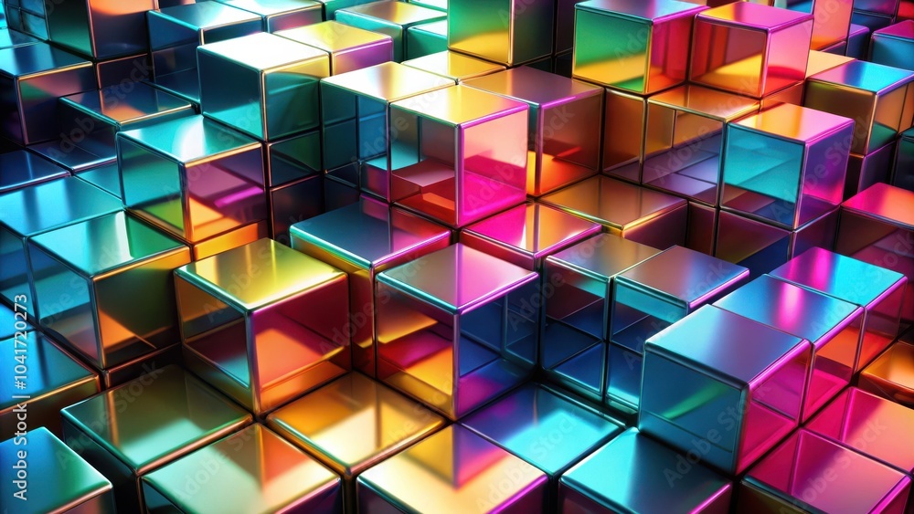 Poster a vibrant and captivating mosaic of iridescent cubes, each reflecting a spectrum of colors, creating