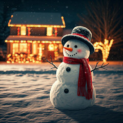 Snowman with top hat and red scarf in front of a house decorated with Christmas lights at night. Winter holiday scene