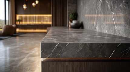 Unique wall composition that marries the warmth of dark oak panels with the cool elegance of polished gray marble delivering a sophisticated look for any interior