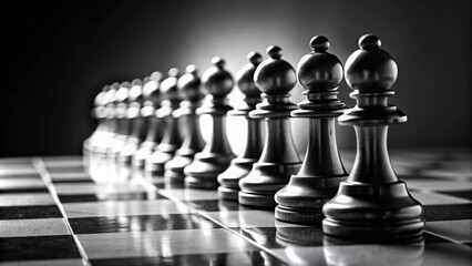 Black and white pawns standing in a row on a chessboard