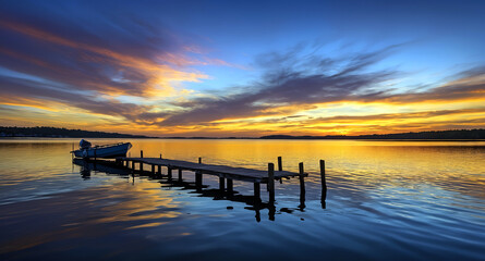 Obraz premium Beautiful sunset over a serene lake with a wooden pier extending into the water, reflecting vibrant colors in the sky and on the calm surface