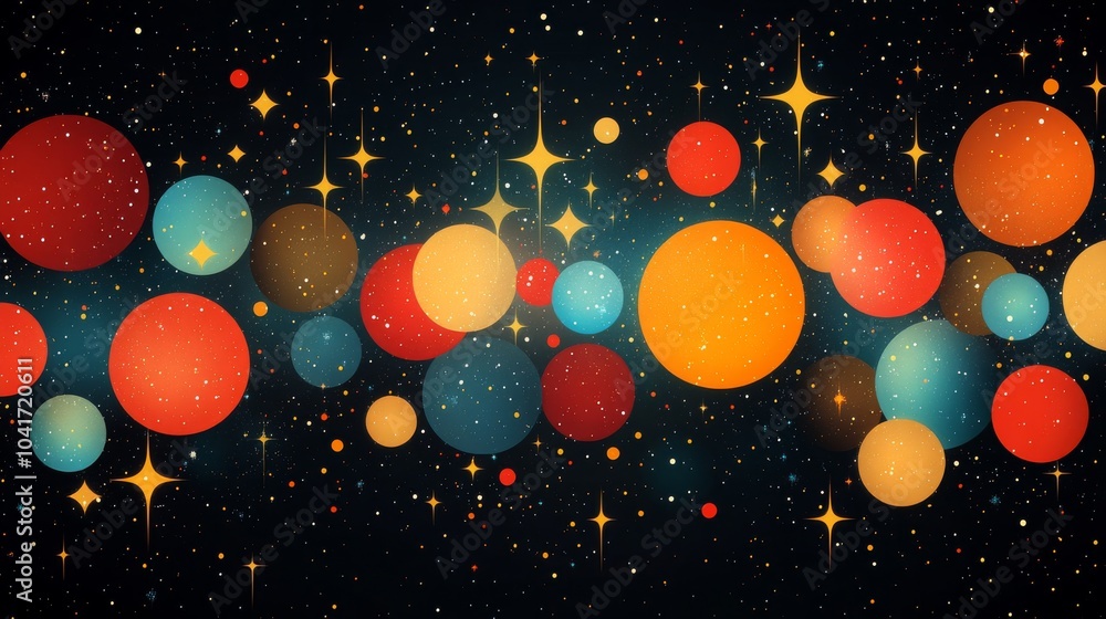 Poster colorful overlapping circles and stars create a vibrant cosmic display in a dark space background