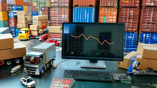 A bustling industrial workspace filled with cardboard boxes and miniature trucks highlights logistics and supply chain management.