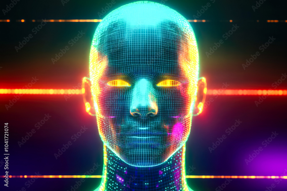 Poster the image presents a neon digital head with intricate grid patterns, symbolizing human connectivity 