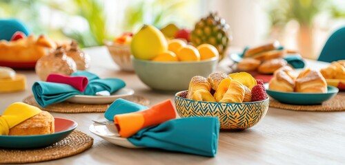 Fototapeta premium A stylish dining table arranged for a brunch setting with colorful napkins, fresh pastries, and decorative fruit bowls, radiating a cheerful ambiance.