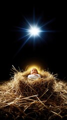 A rustic manger holds a sleeping baby Jesus, bathed in a soft glow from a starlight above amidst a dark background