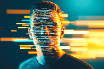 A futuristic portrait of a man's face with vibrant digital lines, symbolizing connection and technology merging seamlessly.