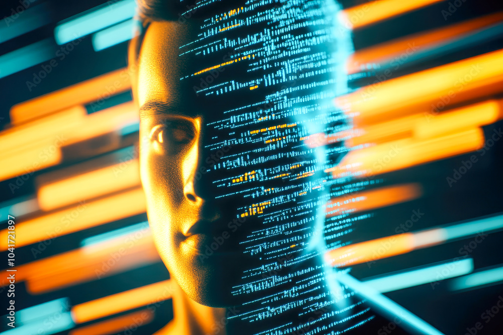 Poster an abstract but detailed depiction of a man overlaid with digital binary codes, illustrating futuris