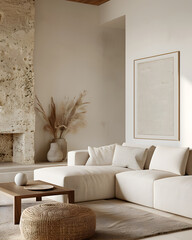 A stunning modern minimalist living room, featuring clean lines and a neutral color palette. The space is adorned with natural wood and stone elements, creating a warm and inviting. 3d render.