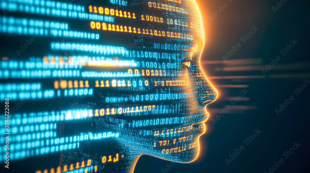 Poster a perfect blend between human facial features and a constant stream of binary computer code, embodyi