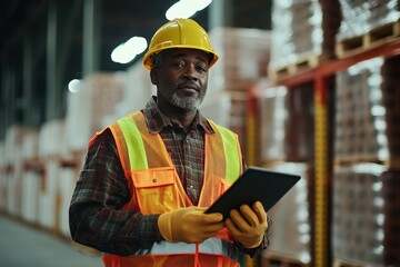Warehouse supervisor is using a digital tablet, managing logistics and controlling inventory in a large warehouse