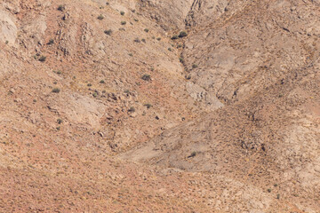 Texture of foothills thinly covered with bushes, shrubs and herbs indicating low precipitation near Abarkuh, Yazd, Iran. 
