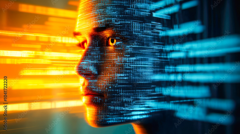 Poster a face composed of digital data and lights, representing ai intelligence, modern technology, and dat