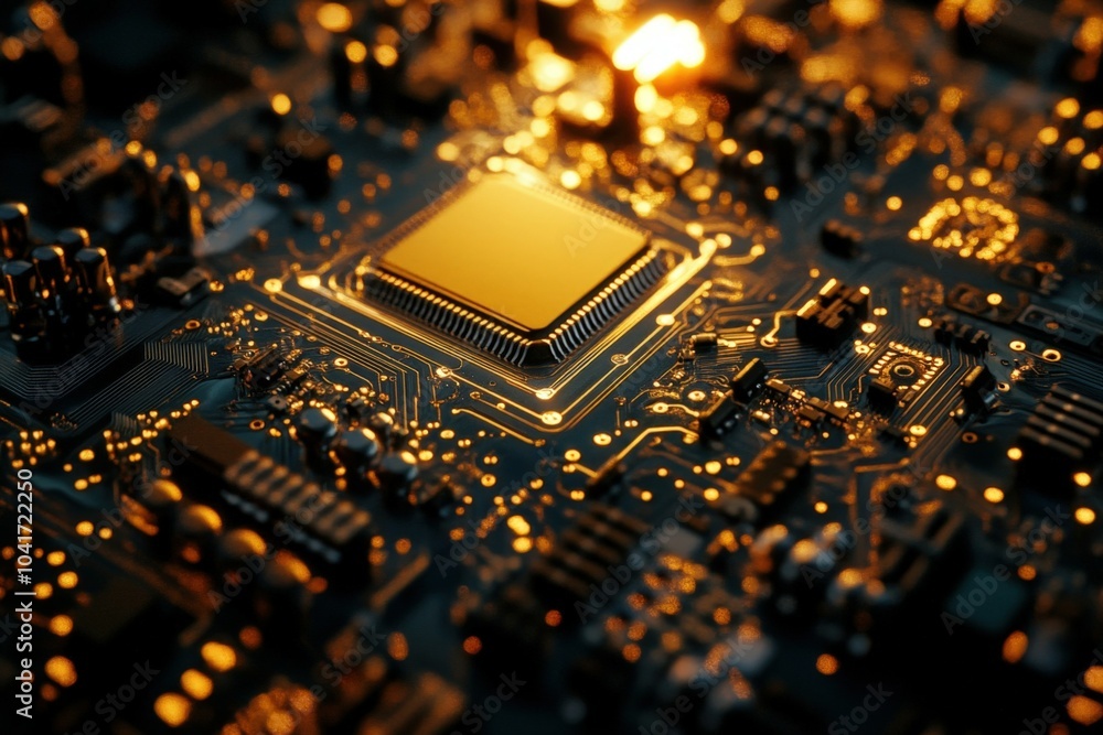 Poster close-up of a quantum processor on a circuit board, glowing with activity as it performs complex cal