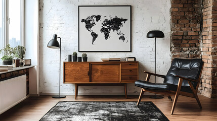 Modern Living Room Decor with Black Leather Chair and World Map