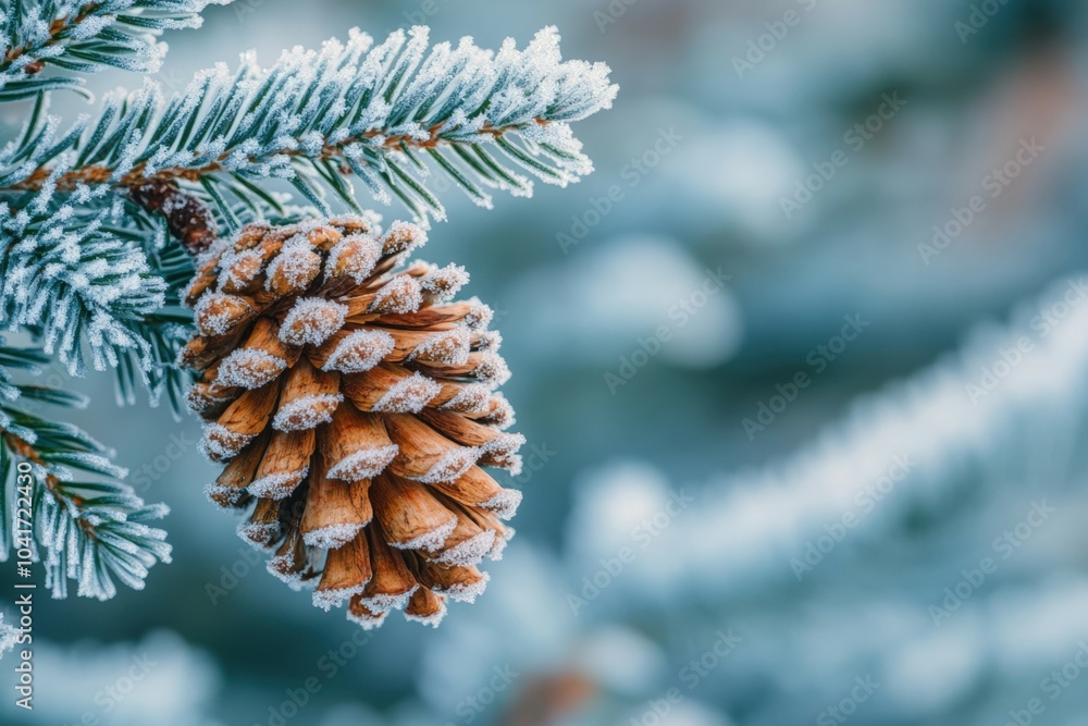 Aufkleber single pine cone covered with frost hanging from a snow covered branch with a blurred forest in the 