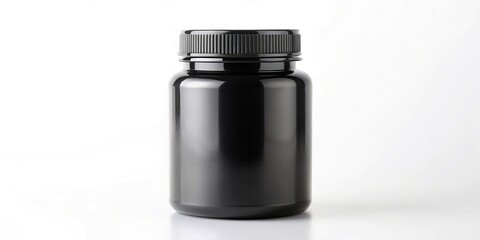 Blank black pill jar mockup on white background extreme close-up