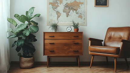 Mid-Century Modern Living Room with Plants and a World Map