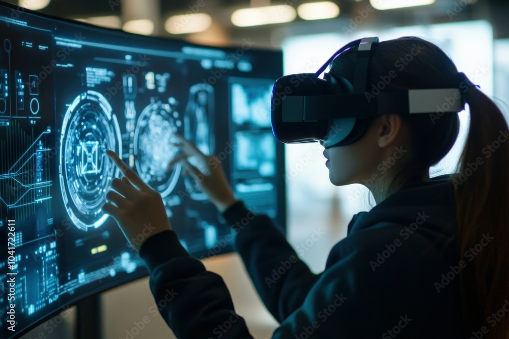 Poster software developer is wearing a vr headset and working with virtual reality software, touching a hol