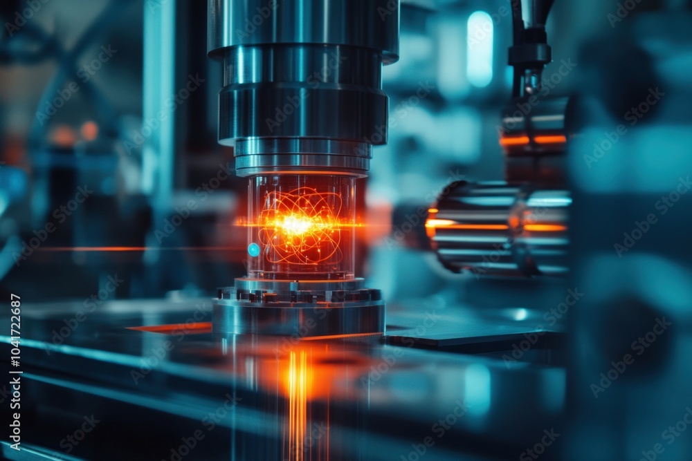 Poster industrial robot arm building quantum computer in a futuristic laboratory with orange light effects