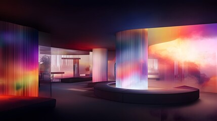 Obraz premium Stylish and modern home office workspace featuring holographic projections of data and virtual desktop interfaces showcasing the future of productive and efficient workspaces
